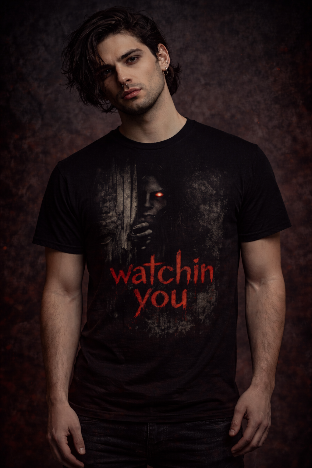 Dark Matter “Watchin You” Horror Tee – Red Eyes Shadow Figure Graphic T-Shirt