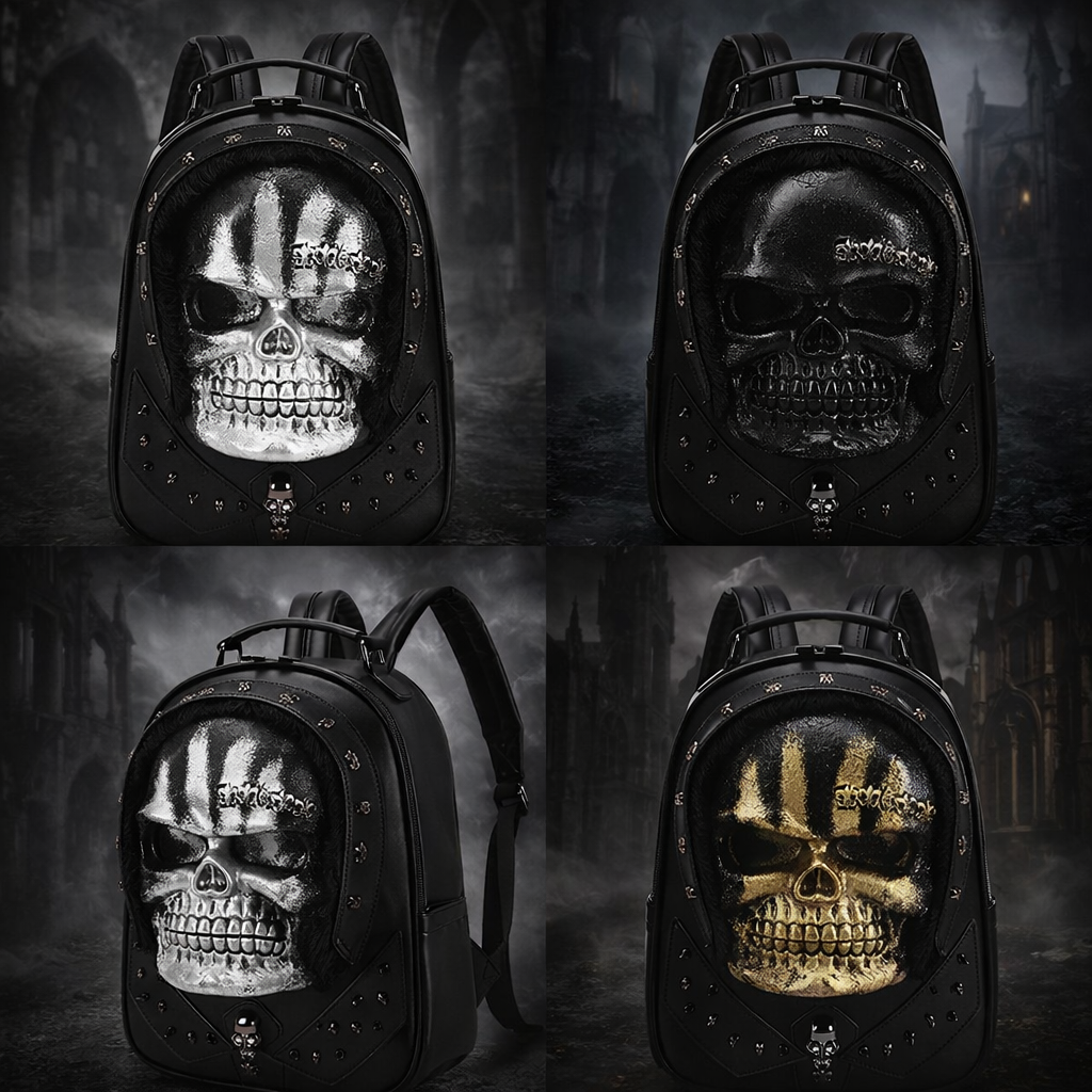 3D Skull Backpack – Dark Matter Gothic Horror Studded Backpack (Black, White & Gold)