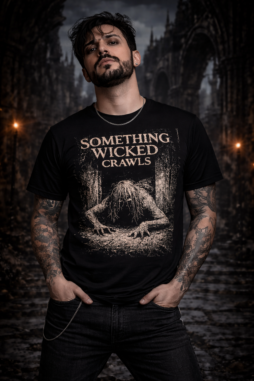 Something Wicked Crawls Floorbound Horror Tee – Dark Matter Occult Shirt