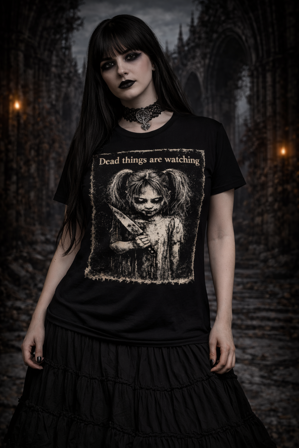 Dead Things Are Watching Possessed Girl Tee – Dark Matter Horror Shirt