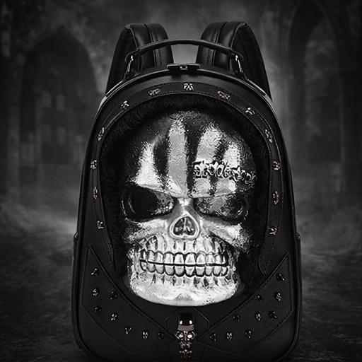 3D Skull Backpack – Dark Matter Gothic Horror Studded Backpack (Black, White & Gold)