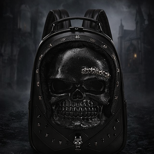 3D Skull Backpack – Dark Matter Gothic Horror Studded Backpack (Black, White & Gold)