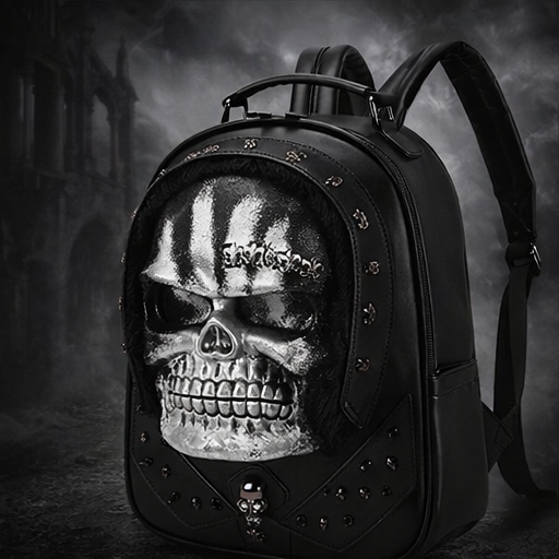 3D Skull Backpack – Dark Matter Gothic Horror Studded Backpack (Black, White & Gold)