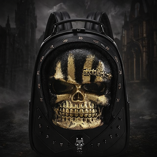 3D Skull Backpack – Dark Matter Gothic Horror Studded Backpack (Black, White & Gold)